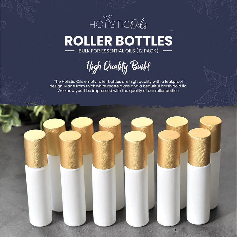 holistic oils 12-Pack 10ml White Glass Roller Bottles with Brushed Gold Leakproof Caps â€“ Refillable Roll-On Bottles with Updated Roller Insert for Essential Oils, Serums, Perfumes, and DIY Aromatherapy - Image 4